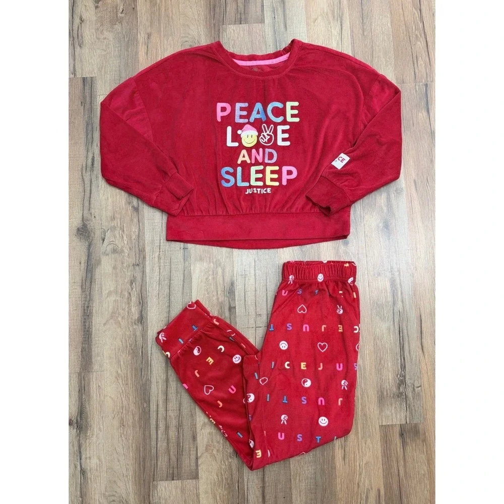 Justice Girls Red Fleece Pajama Set Peace Love Sleep Size M‎ Cozy